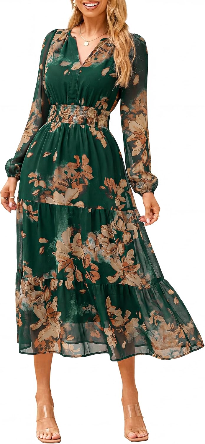 Floral V-Neck Long-Sleeve Flowy Maxi Dress in Peach Dark Green Floral