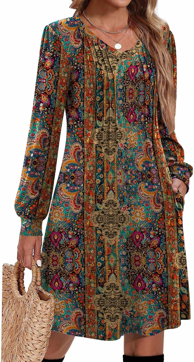 Pleated V-Neck Long-Sleeve A-Line Tunic Dress in Chic Printed