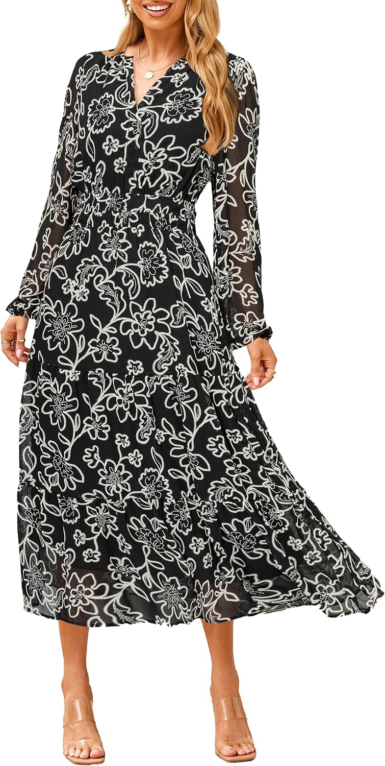 Floral V-Neck Long-Sleeve Flowy Maxi Dress in Black White Floral