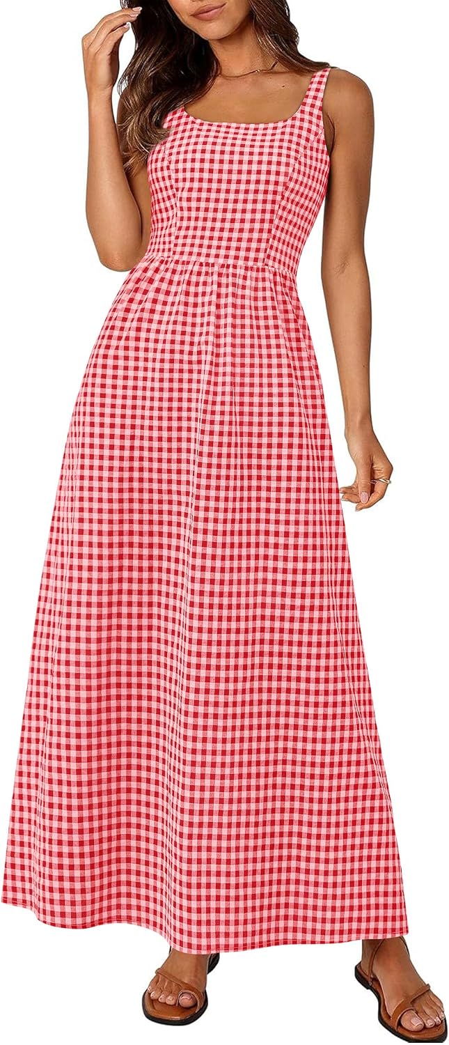 Gingham Smocked-Back Square-Neck Maxi Sundress in Brilliant Red