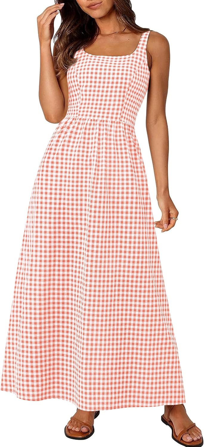 Gingham Smocked-Back Square-Neck Maxi Sundress in Pink
