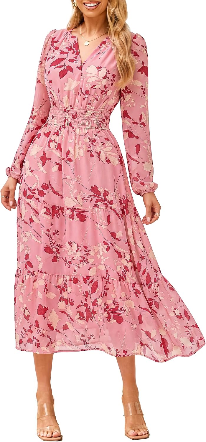 Floral V-Neck Long-Sleeve Flowy Maxi Dress in Apricot Pink Floral