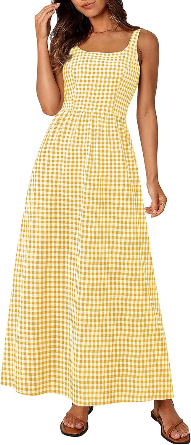 Gingham Smocked-Back Square-Neck Maxi Sundress in Yellow