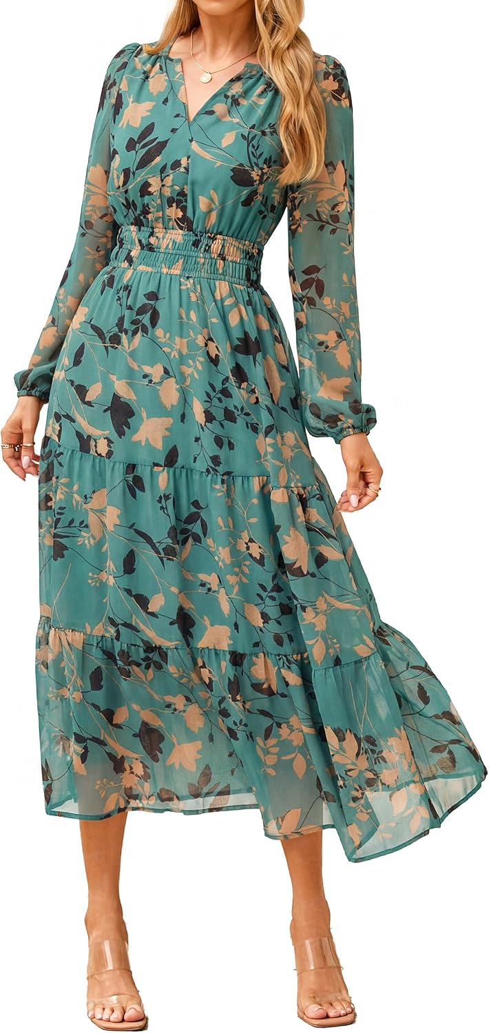Floral V-Neck Long-Sleeve Flowy Maxi Dress in Apricot Green Floral