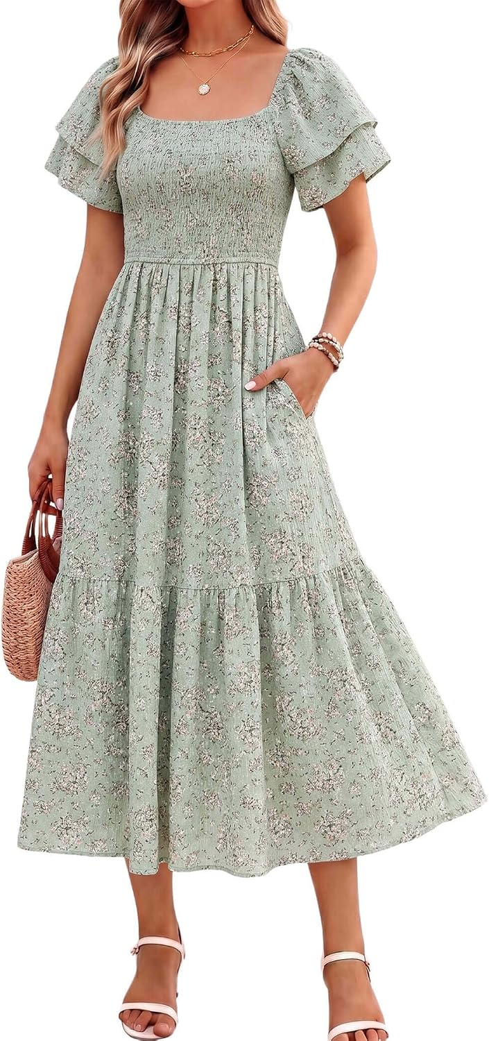 Off-Shoulder Ruffle Square-Neck Midi Dress in Light Green Floral
