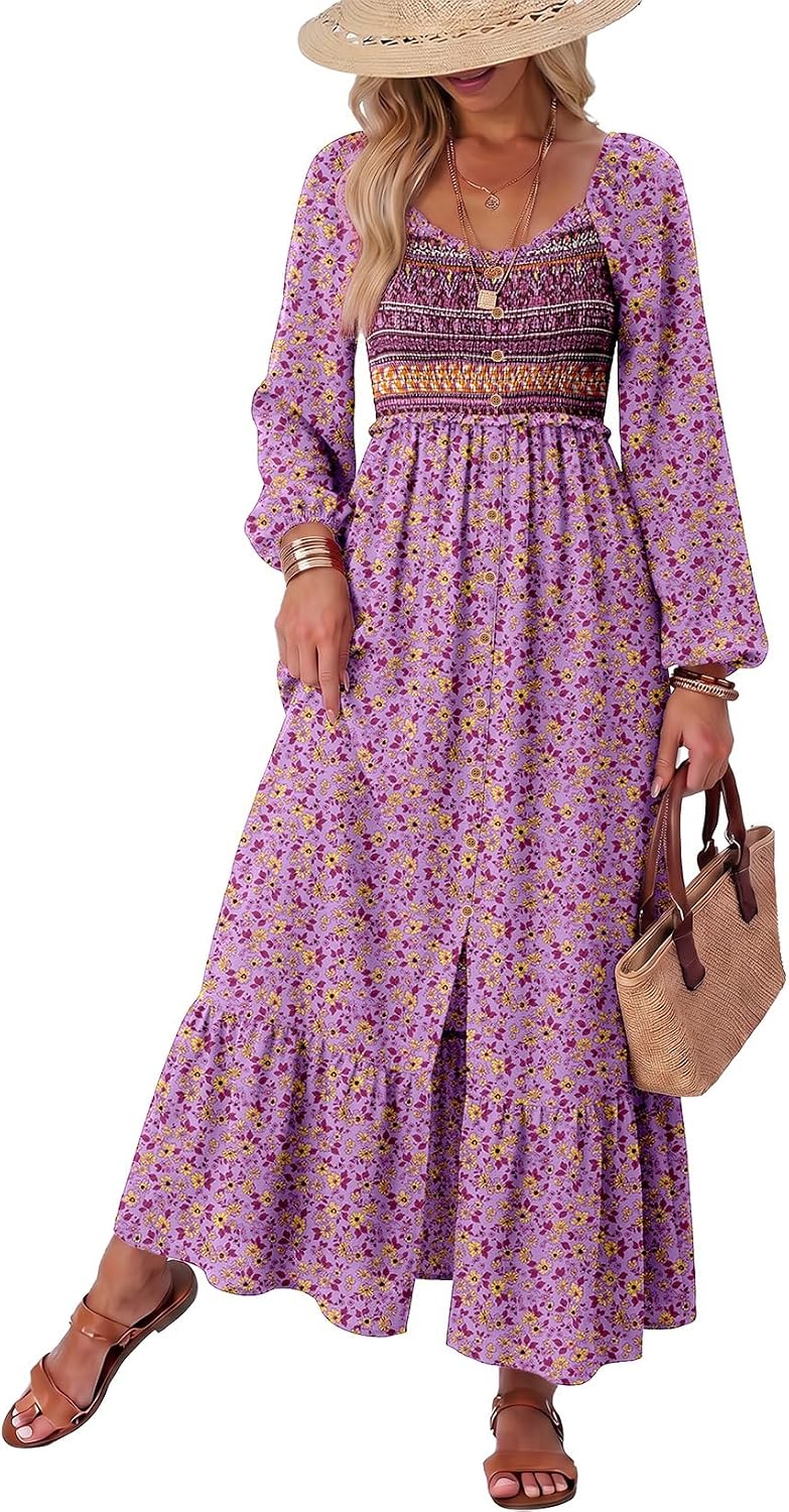 Floral Smocked Long-Sleeve Maxi Dress with Square Neck in Purple