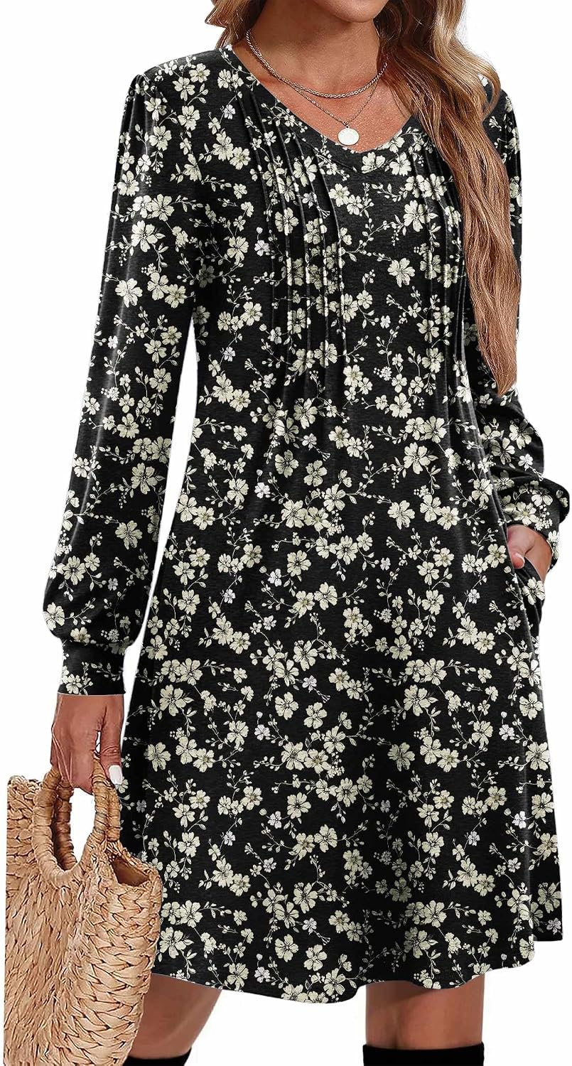 Pleated V-Neck Long-Sleeve A-Line Tunic Dress in B26 Black Floral