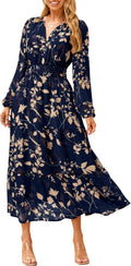 Floral V-Neck Long-Sleeve Flowy Maxi Dress in Navy Blue Floral