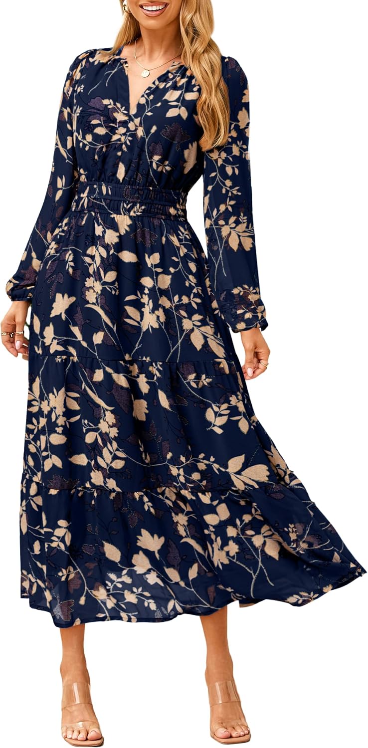 Floral V-Neck Long-Sleeve Flowy Maxi Dress in Navy Blue Floral