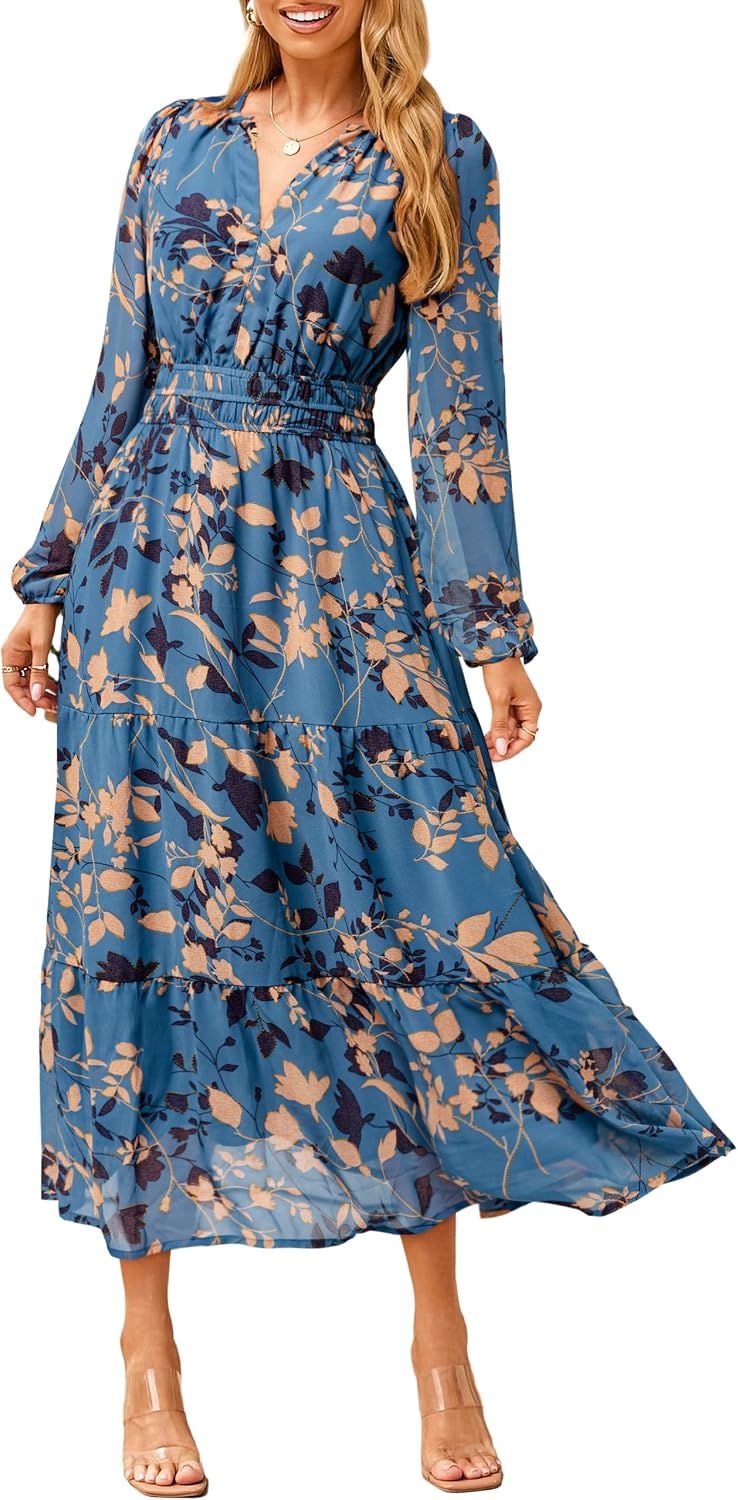 Floral V-Neck Long-Sleeve Flowy Maxi Dress in Dusty Blue Floral