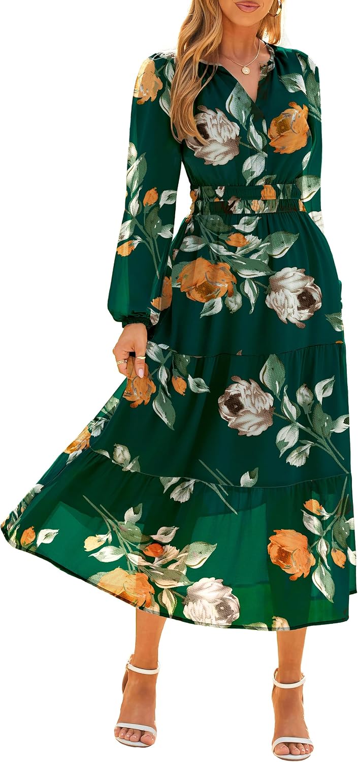 Floral V-Neck Long-Sleeve Flowy Maxi Dress in Green Floral