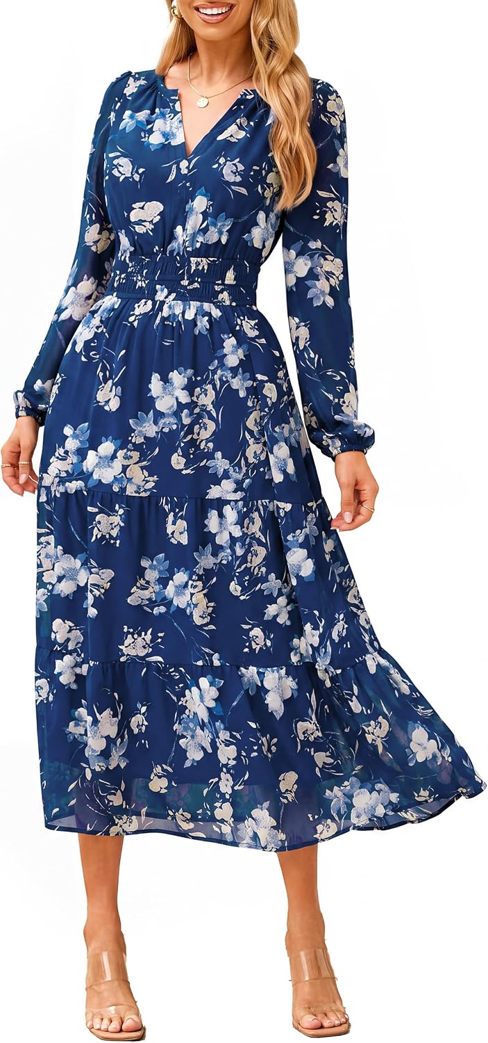 Floral V-Neck Long-Sleeve Flowy Maxi Dress in Blue Floral