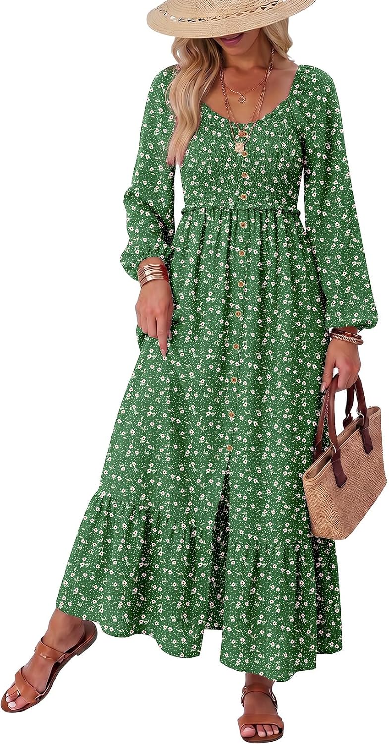 Floral Smocked Long-Sleeve Maxi Dress with Square Neck in Green 10920