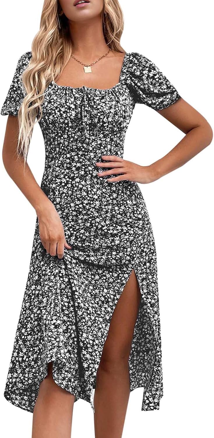 Floral Puff-Sleeve Square-Neck Midi Dress in Black Floral