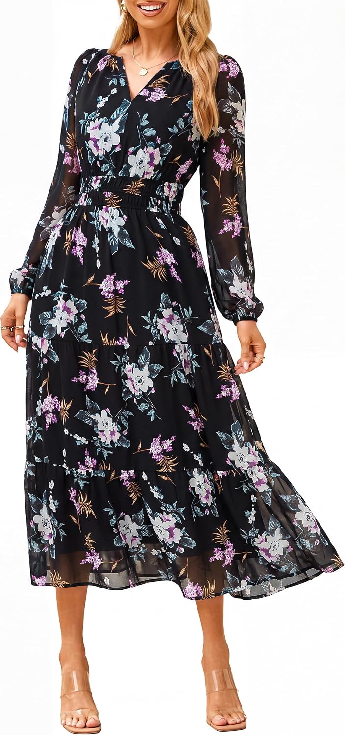 Floral V-Neck Long-Sleeve Flowy Maxi Dress in White Black Floral