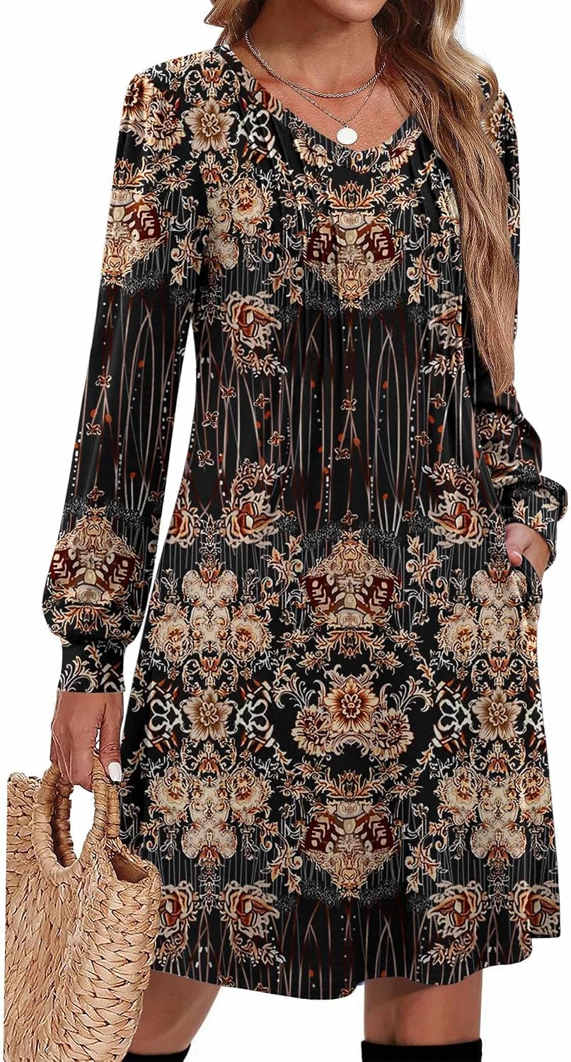 Pleated V-Neck Long-Sleeve A-Line Tunic Dress in Black Printed