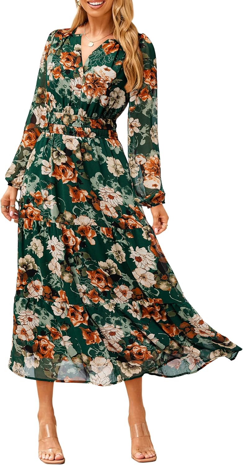 Floral V-Neck Long-Sleeve Flowy Maxi Dress in Emerald Green Floral