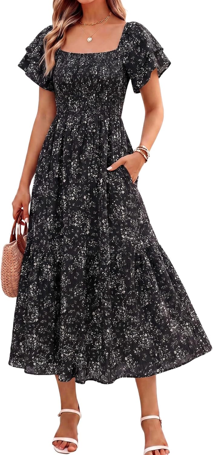 Off-Shoulder Ruffle Square-Neck Midi Dress in Black Floral