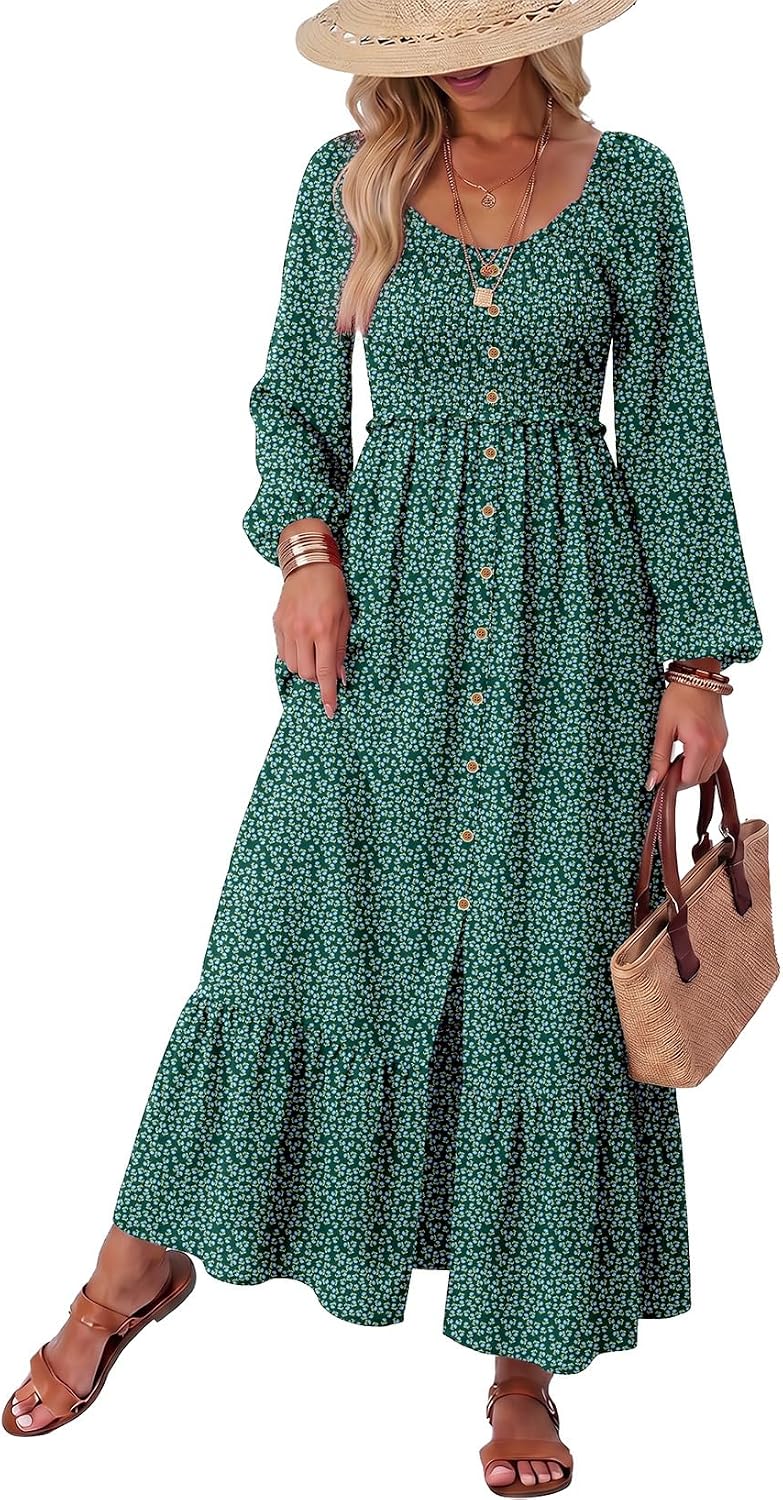 Floral Smocked Long-Sleeve Maxi Dress with Square Neck in Green