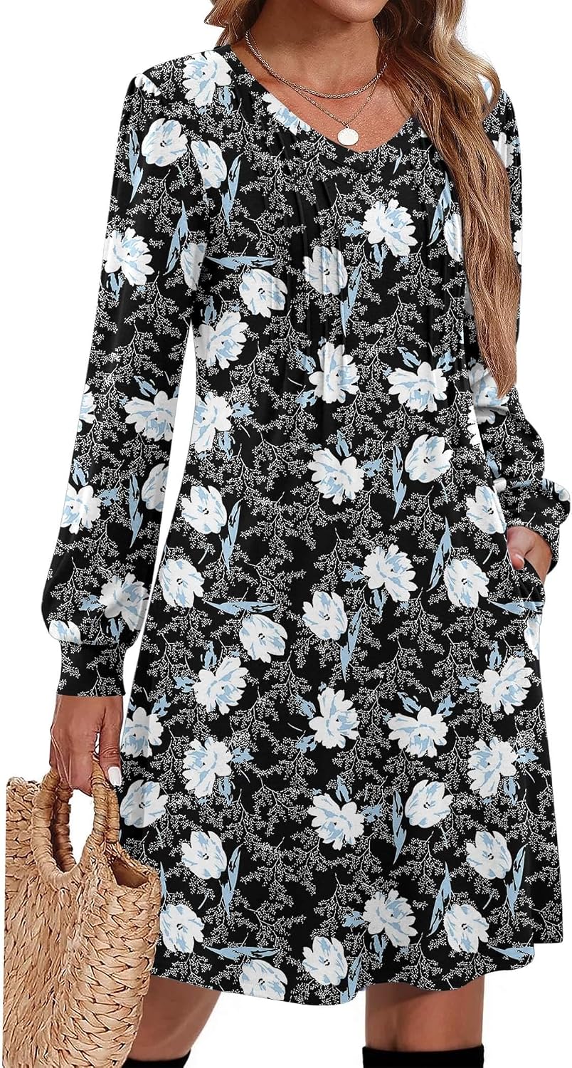 Pleated V-Neck Long-Sleeve A-Line Tunic Dress in Black Floral
