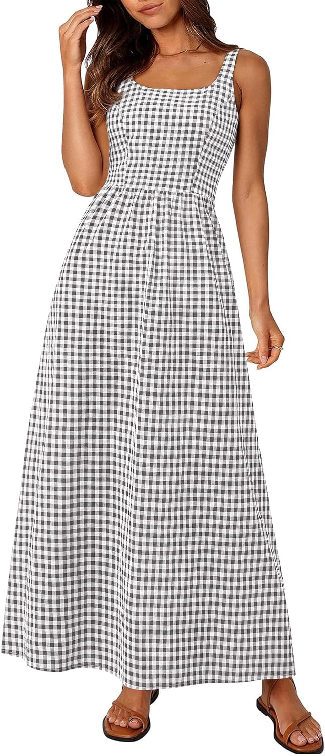 Gingham Smocked-Back Square-Neck Maxi Sundress in Grey