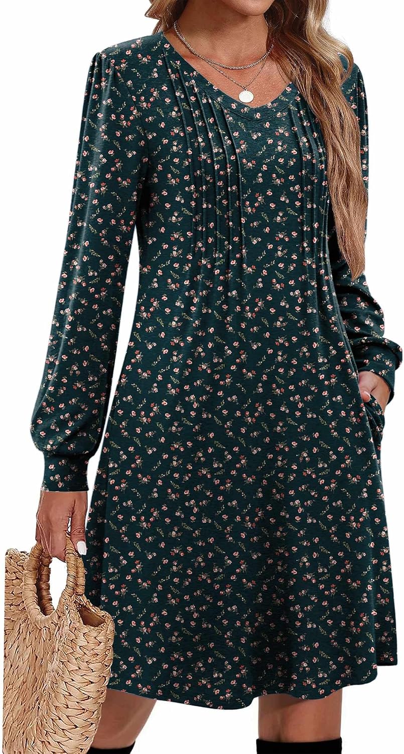 Pleated V-Neck Long-Sleeve A-Line Tunic Dress in B26 Green Floral