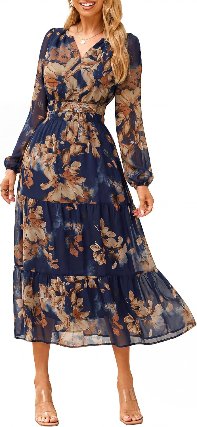 Floral V-Neck Long-Sleeve Flowy Maxi Dress in Yellow Blue Floral