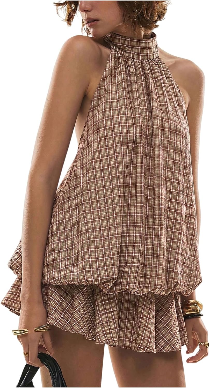 Plaid Halter Bubble-Hem Mini Dress in Chocolate Brown