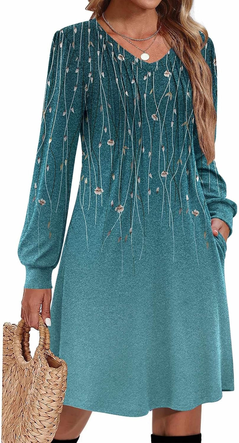 Pleated V-Neck Long-Sleeve A-Line Tunic Dress in Blue Green 01