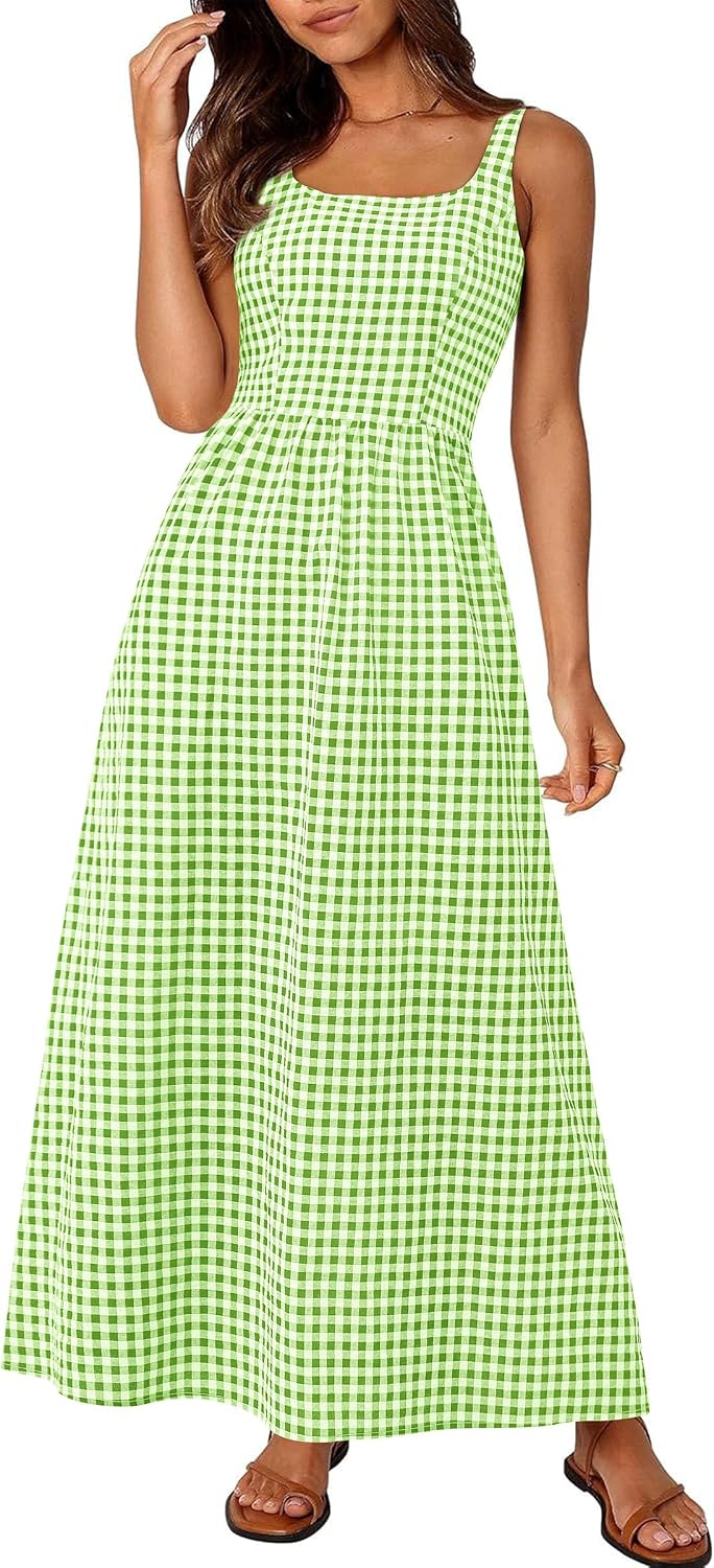 Gingham Smocked-Back Square-Neck Maxi Sundress in Green
