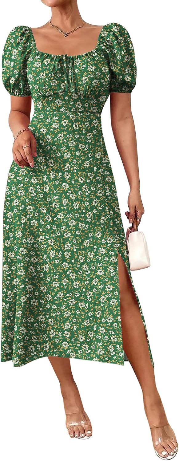 Floral Puff-Sleeve Square-Neck Midi Dress in Green Floral