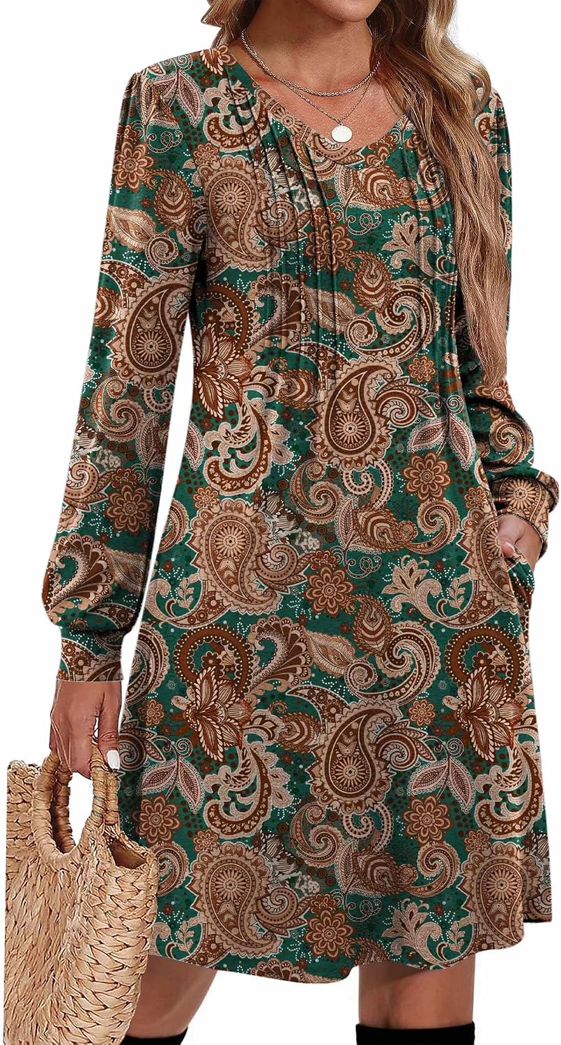 Pleated V-Neck Long-Sleeve A-Line Tunic Dress in C26 Boho Printed