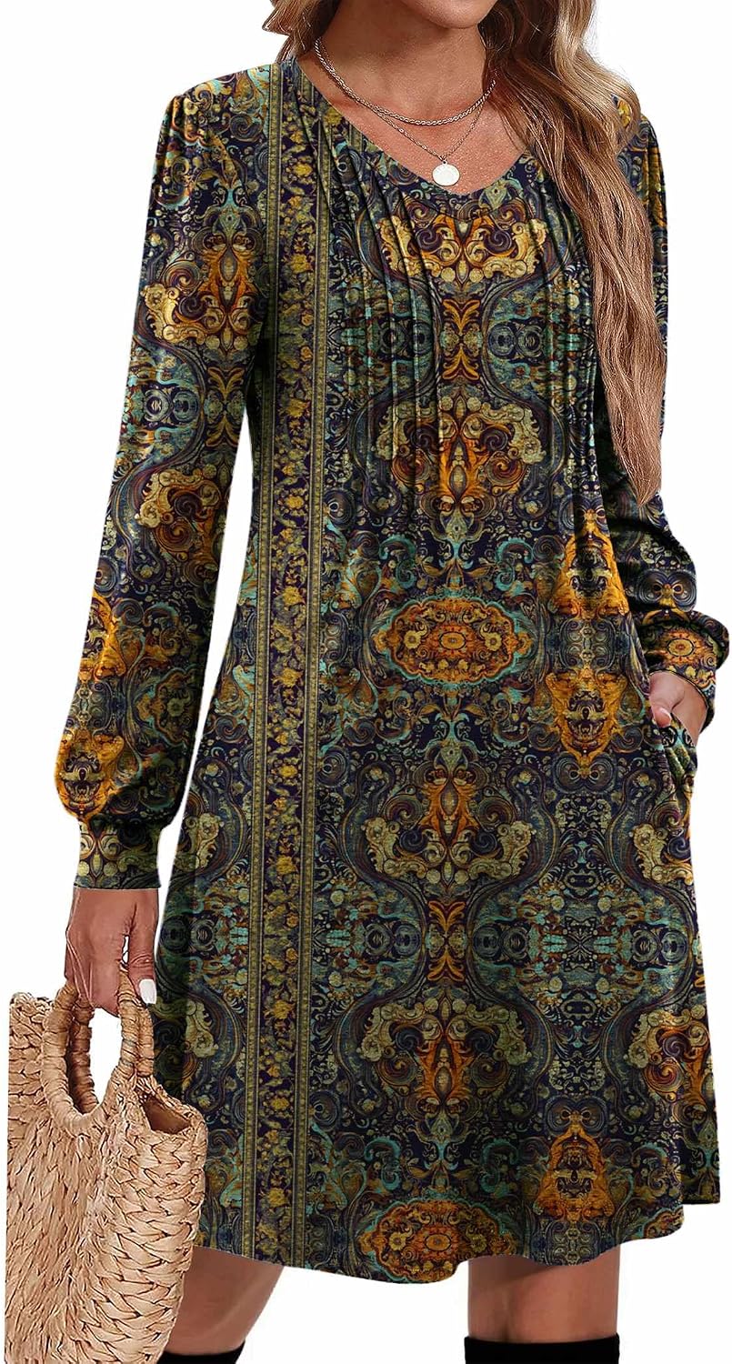 Pleated V-Neck Long-Sleeve A-Line Tunic Dress in C26 Chic Printed