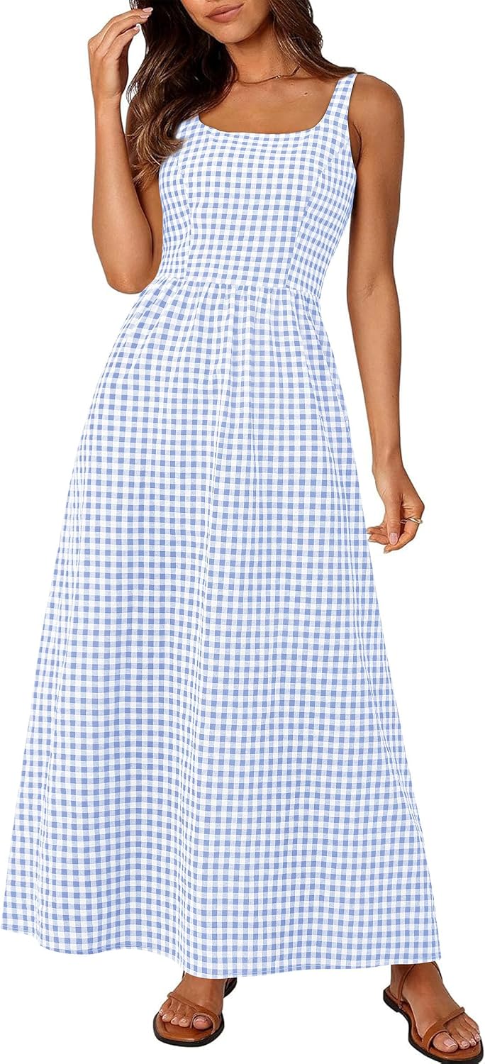 Gingham Smocked-Back Square-Neck Maxi Sundress in Light Blue