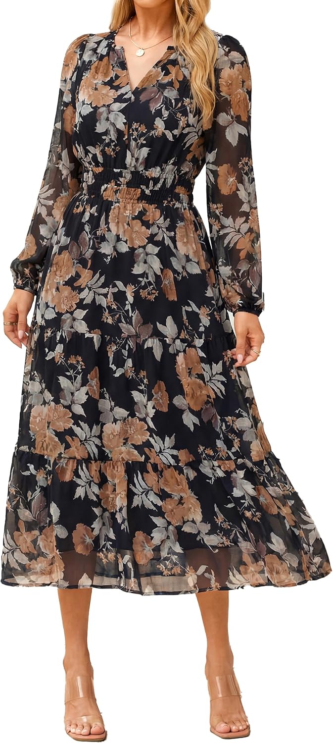 Floral V-Neck Long-Sleeve Flowy Maxi Dress in Black Yellow Floral