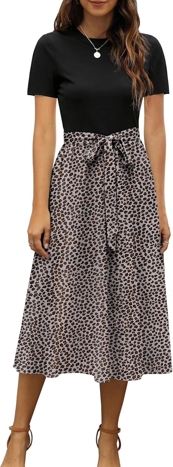 Ribbed Short-Sleeve Midi Dress in Black Leopard