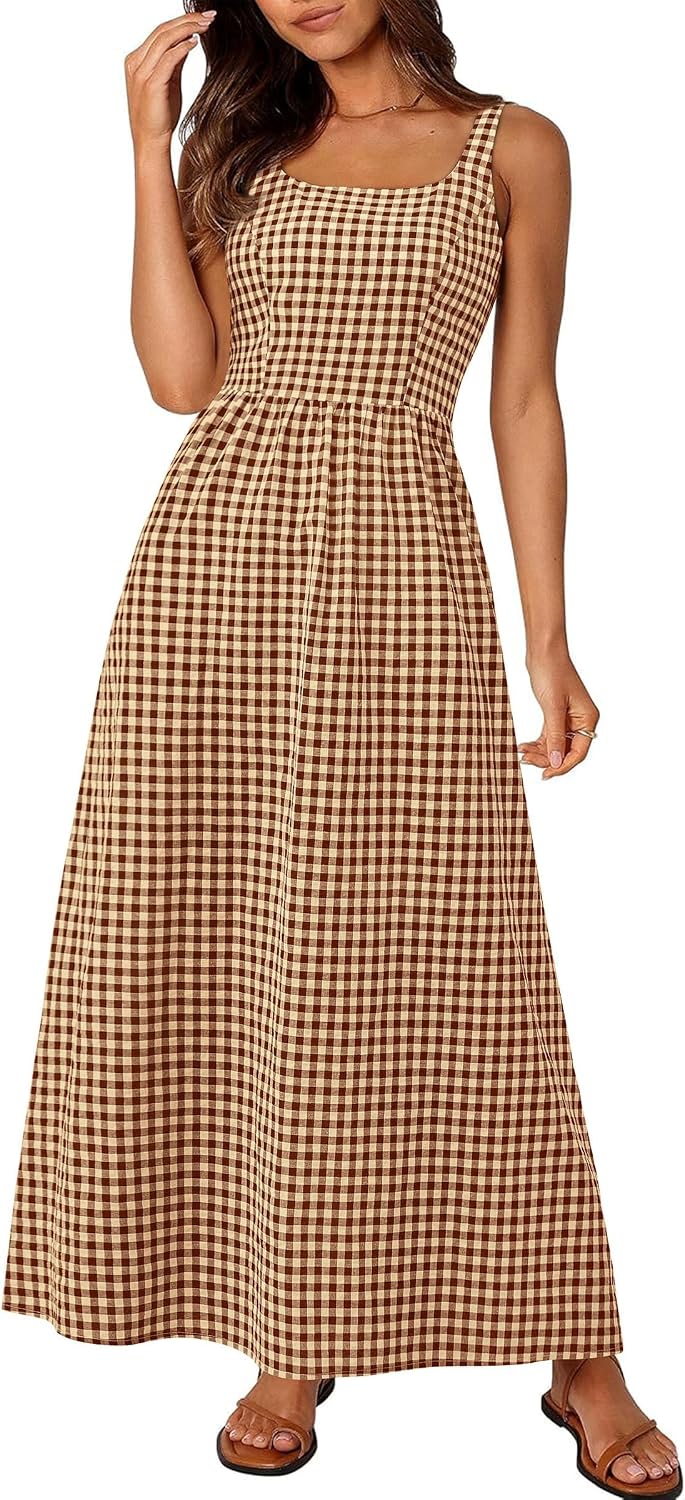 Gingham Smocked-Back Square-Neck Maxi Sundress in Coffee