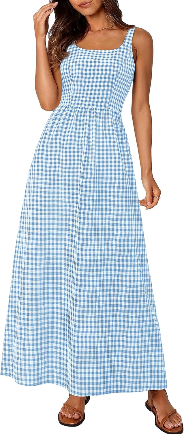 Gingham Smocked-Back Square-Neck Maxi Sundress in Dusty Blue