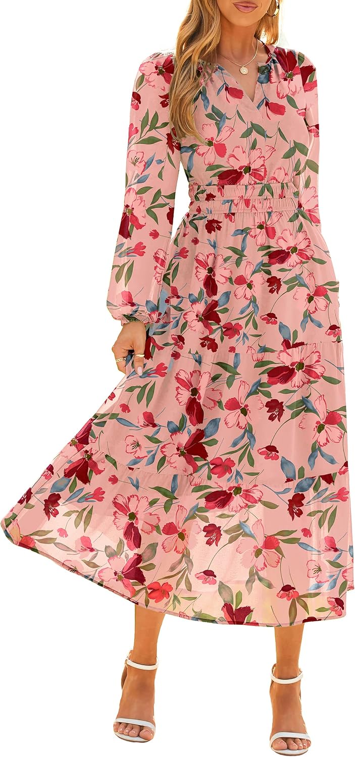 Floral V-Neck Long-Sleeve Flowy Maxi Dress in Pink Floral