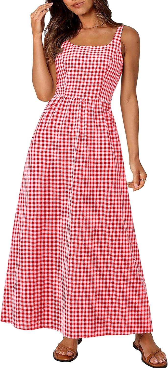 Gingham Smocked-Back Square-Neck Maxi Sundress in Red