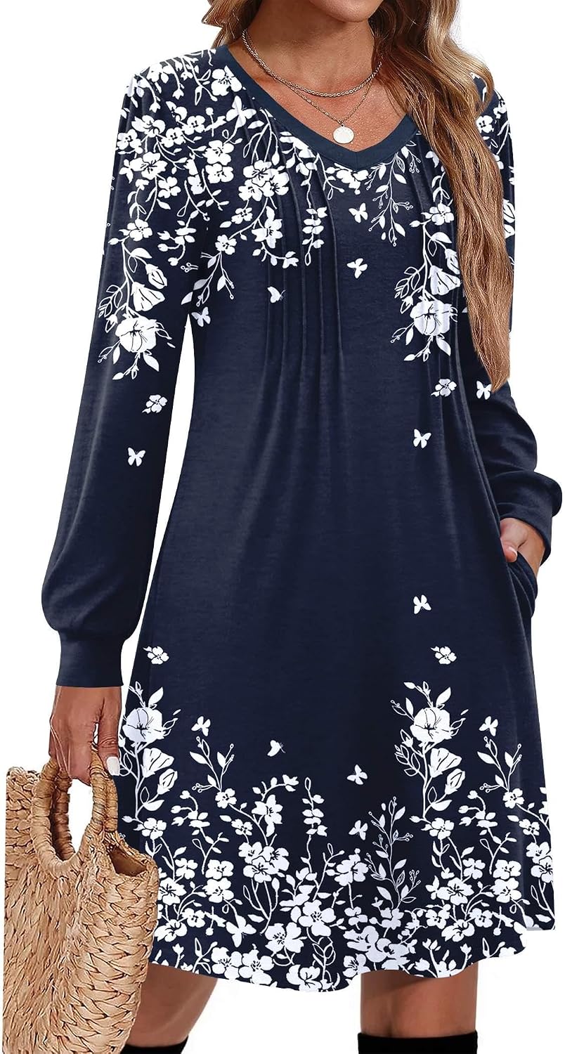 Pleated V-Neck Long-Sleeve A-Line Tunic Dress in Navy Printed
