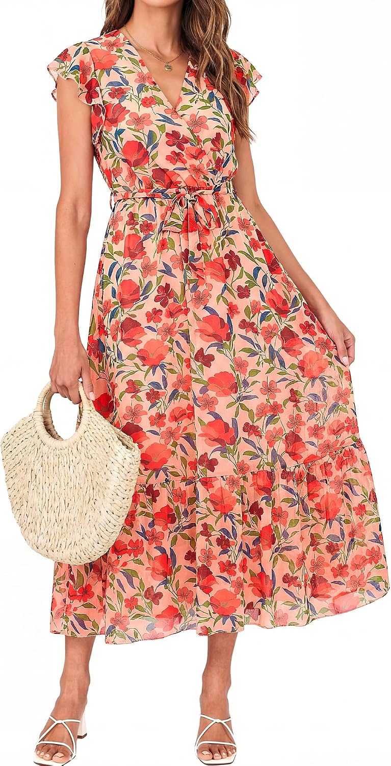 Swiss Dot Wrap V-Neck Belted Midi Dress in Floral Orange Pink Red