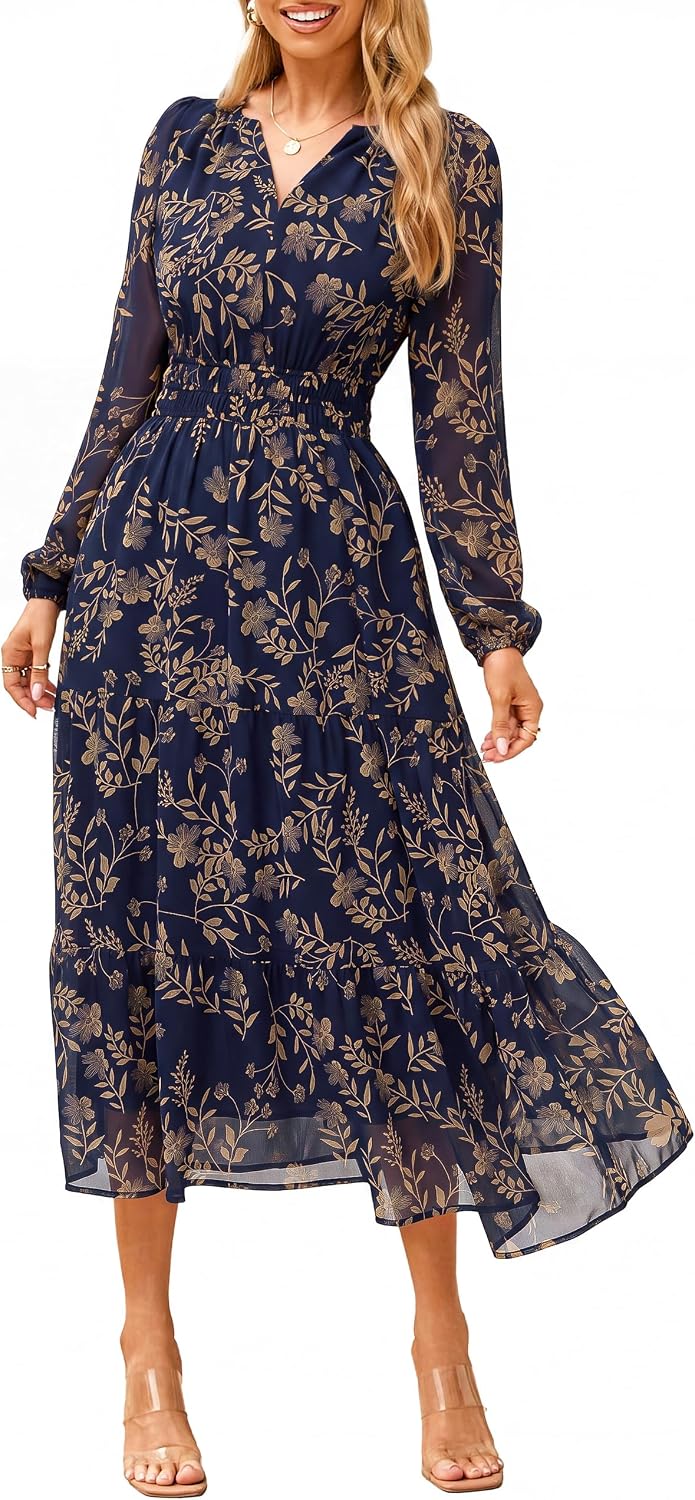 Floral V-Neck Long-Sleeve Flowy Maxi Dress in Yellow Navy Blue Floral