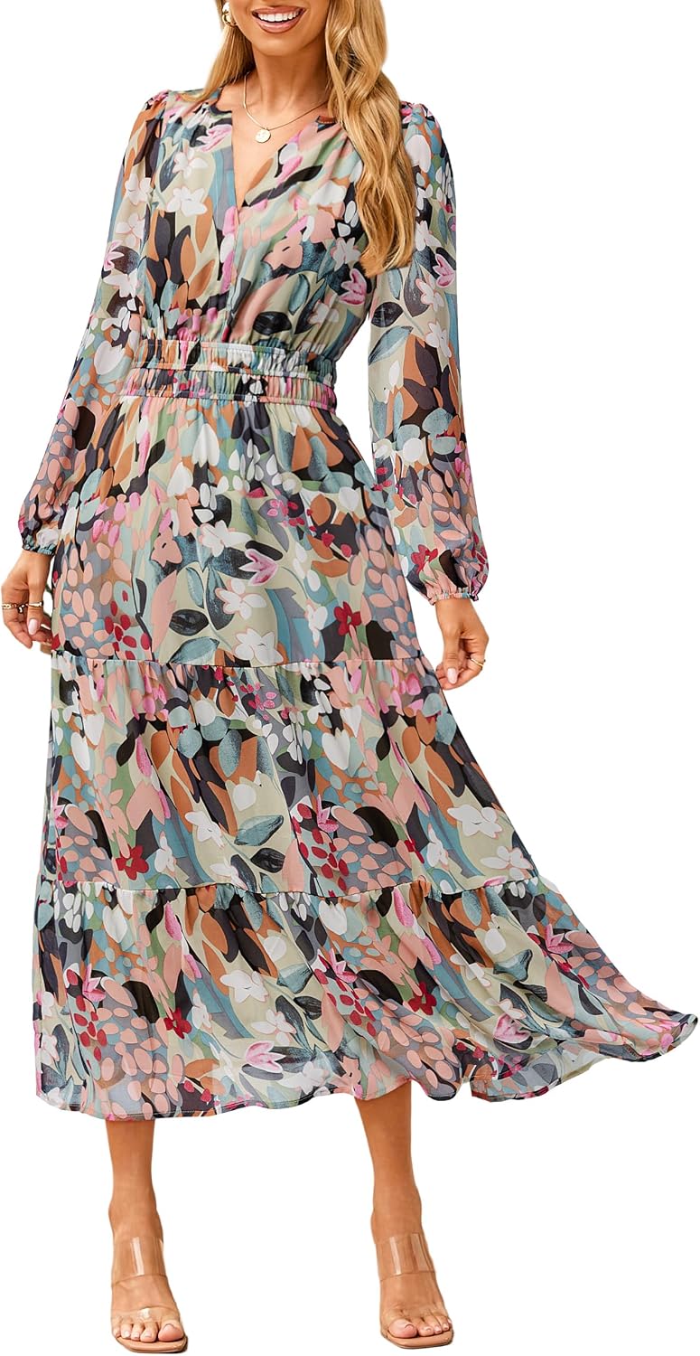 Floral V-Neck Long-Sleeve Flowy Maxi Dress in Light Green Floral