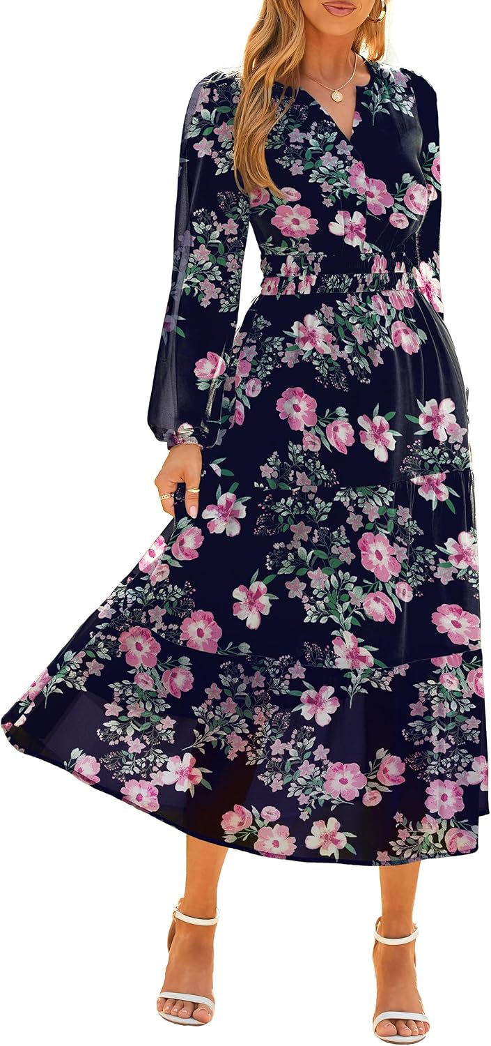 Floral V-Neck Long-Sleeve Flowy Maxi Dress in Navy Pink Floral