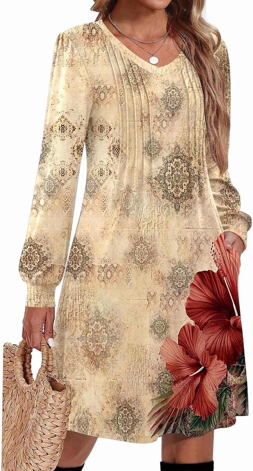 Pleated V-Neck Long-Sleeve A-Line Tunic Dress in Beige Floral