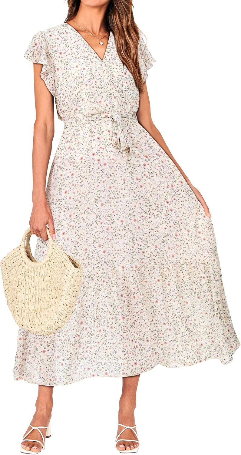Swiss Dot Wrap V-Neck Belted Midi Dress in Apricot