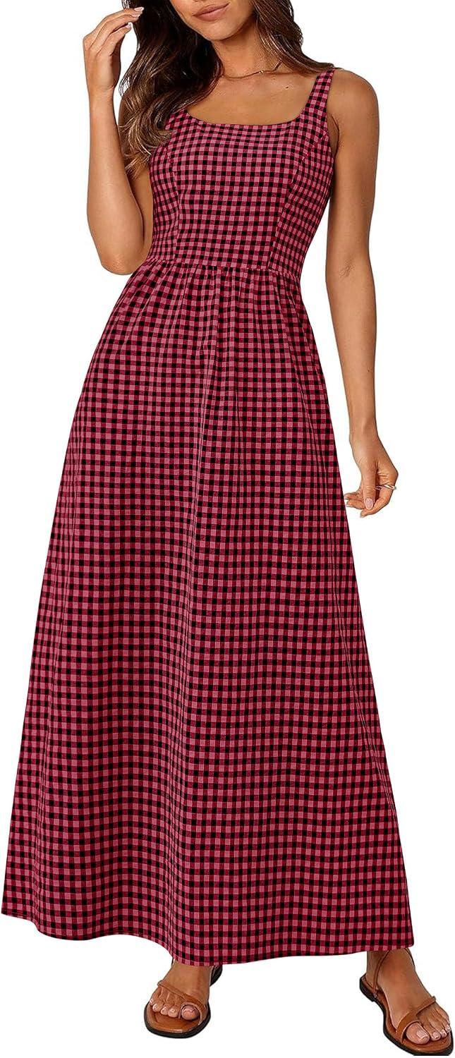 Gingham Smocked-Back Square-Neck Maxi Sundress in Red Black