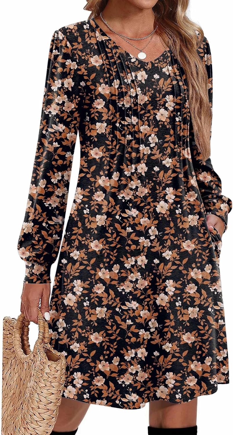 Pleated V-Neck Long-Sleeve A-Line Tunic Dress in B26 Maple Leaf