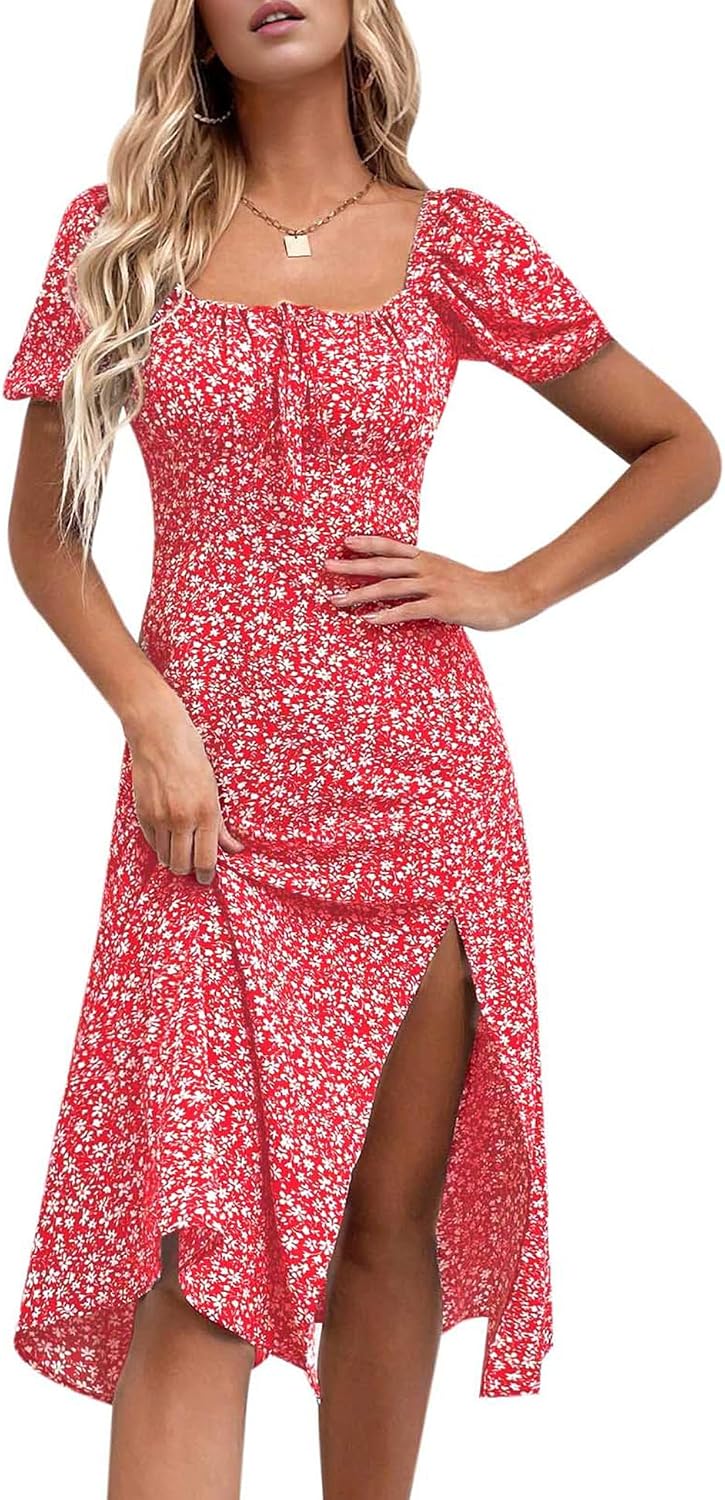 Floral Puff-Sleeve Square-Neck Midi Dress in Red Floral